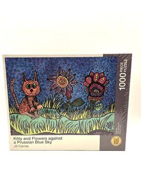 Very Good Puzzle Kitty and Flowers Prussian Blue Sky Jill Carnes Psychedelic New
